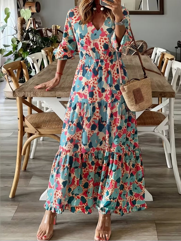 Elegant V-neck Bohemian print maxi dress
