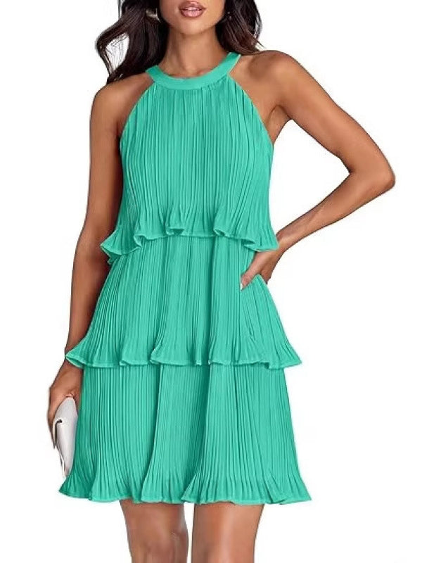 Women's 2026 Summer Cocktail Dresses Tiered Chiffon Pleated Mini Dress