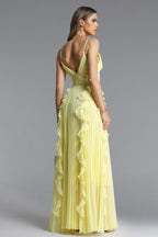 V-Neck Spaghetti Straps Pleated Chiffon Dress