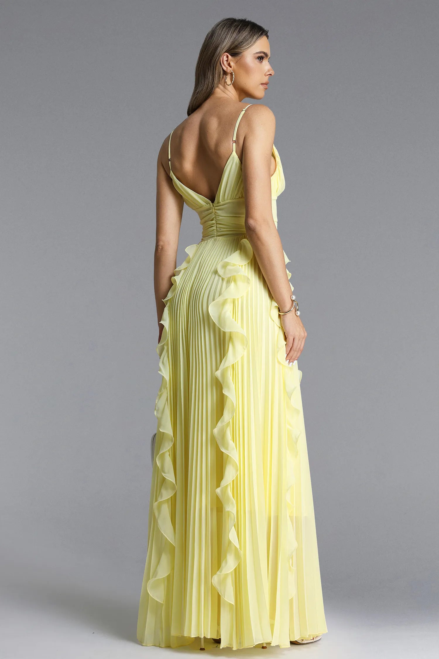 V-Neck Spaghetti Straps Pleated Chiffon Dress