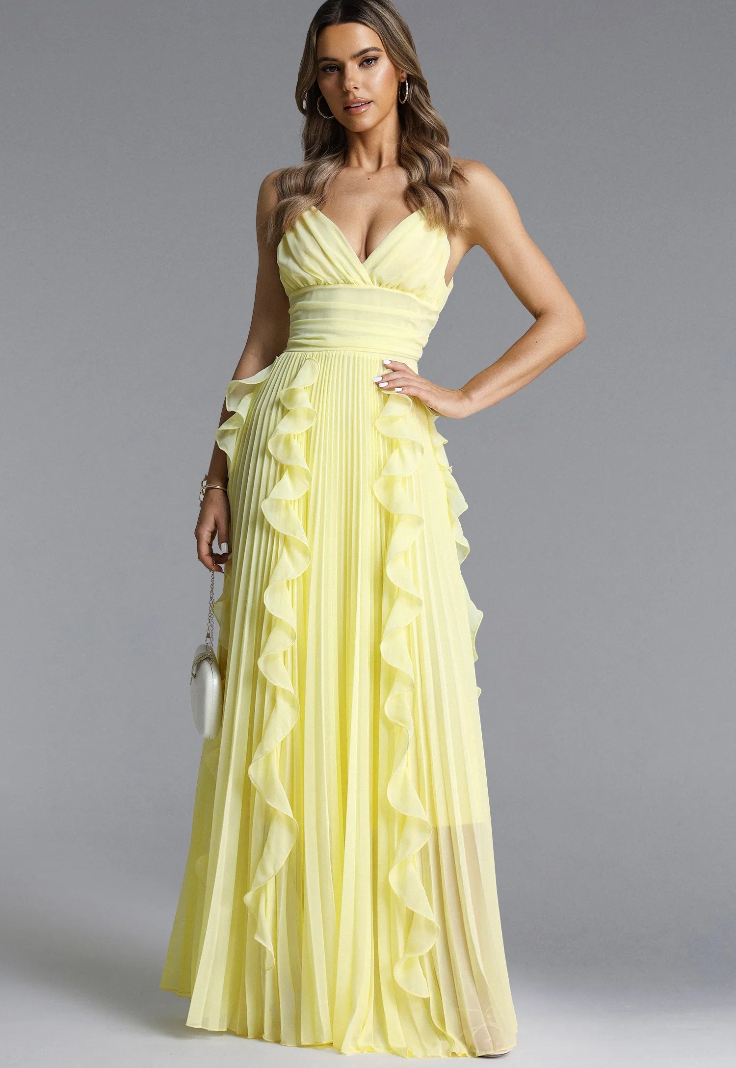 V-Neck Spaghetti Straps Pleated Chiffon Dress