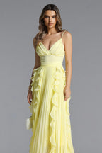 V-Neck Spaghetti Straps Pleated Chiffon Dress