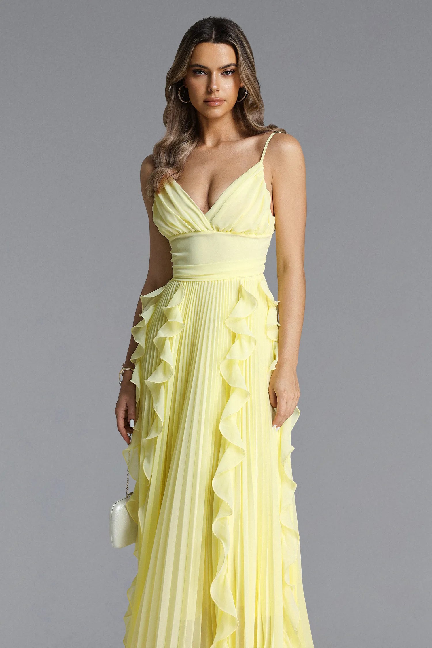 V-Neck Spaghetti Straps Pleated Chiffon Dress