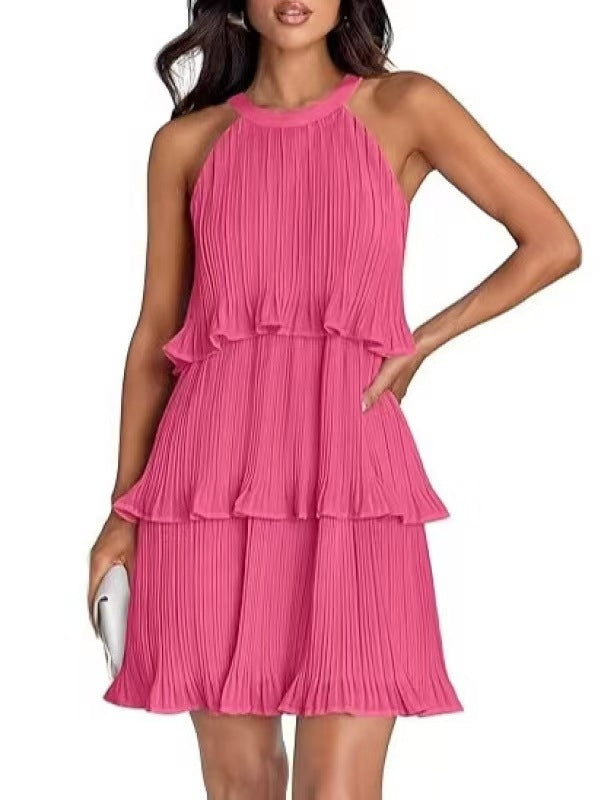 Women's 2026 Summer Cocktail Dresses Tiered Chiffon Pleated Mini Dress