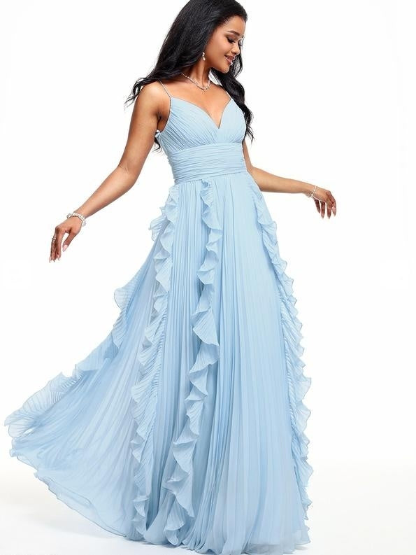 V-Neck Spaghetti Straps Pleated Chiffon Dress