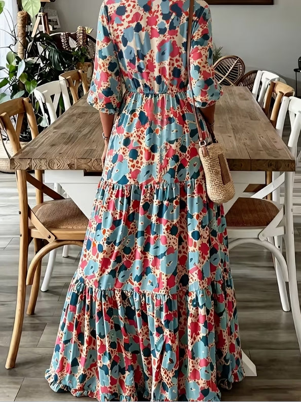 Elegant V-neck Bohemian print maxi dress