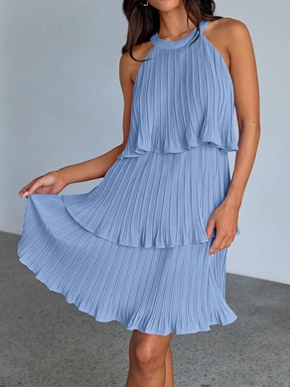 Women's 2026 Summer Cocktail Dresses Tiered Chiffon Pleated Mini Dress