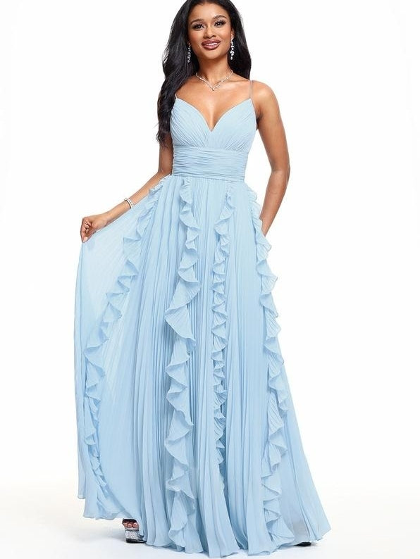 V-Neck Spaghetti Straps Pleated Chiffon Dress