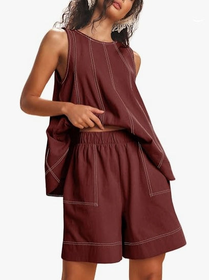 Womens 2 piece Outfits Sleeveless Matching Sets A Line Tank Tops High Waist Shorts