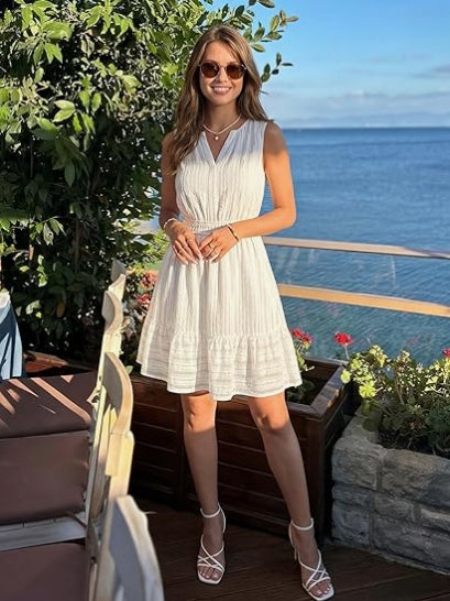 Women's 2026 Summer Casual Mini Sundress Beach Vacation Sleeveless V Neck Flowy A Line Dress with Pockets