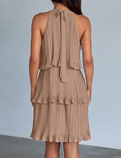 Women's 2026 Summer Cocktail Dresses Tiered Chiffon Pleated Mini Dress