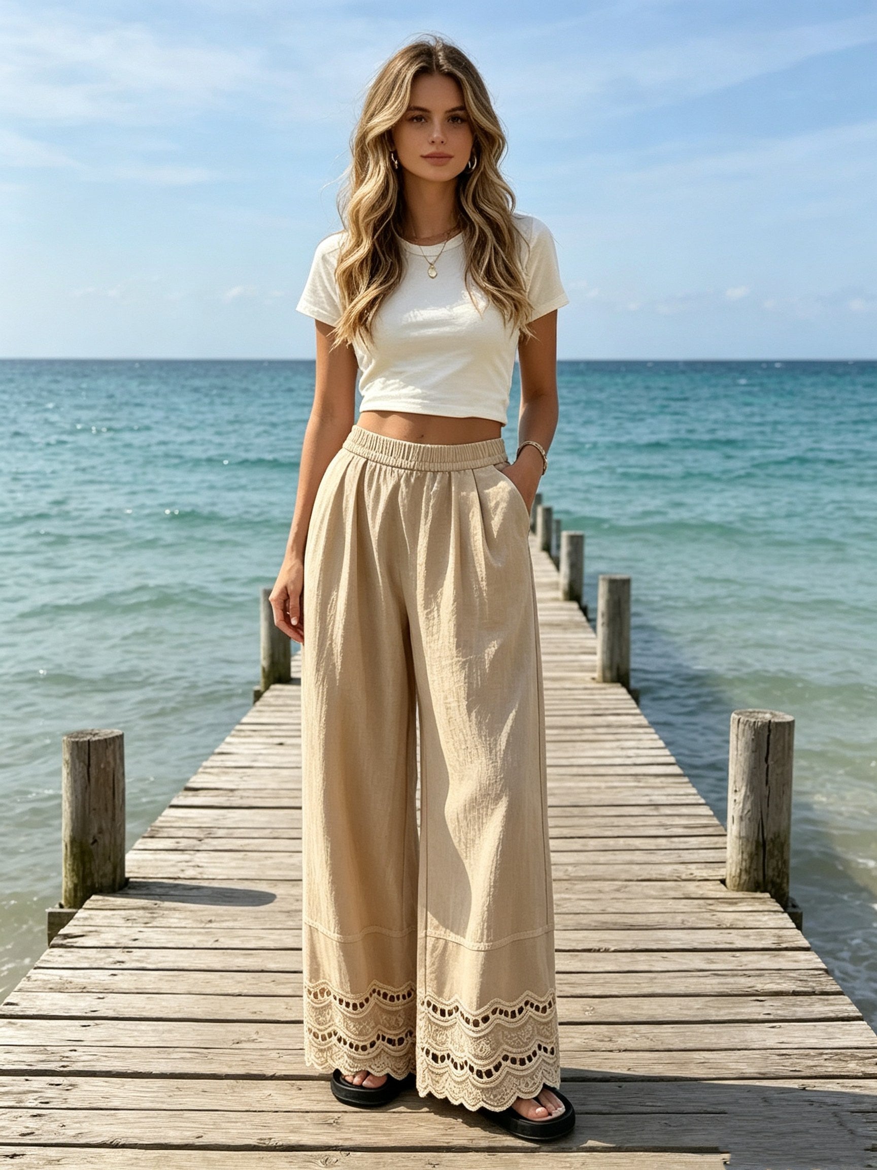 Summer Lace Trim Cotton Linen Wide-Leg Pants for Women