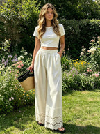 Summer Lace Trim Cotton Linen Wide-Leg Pants for Women