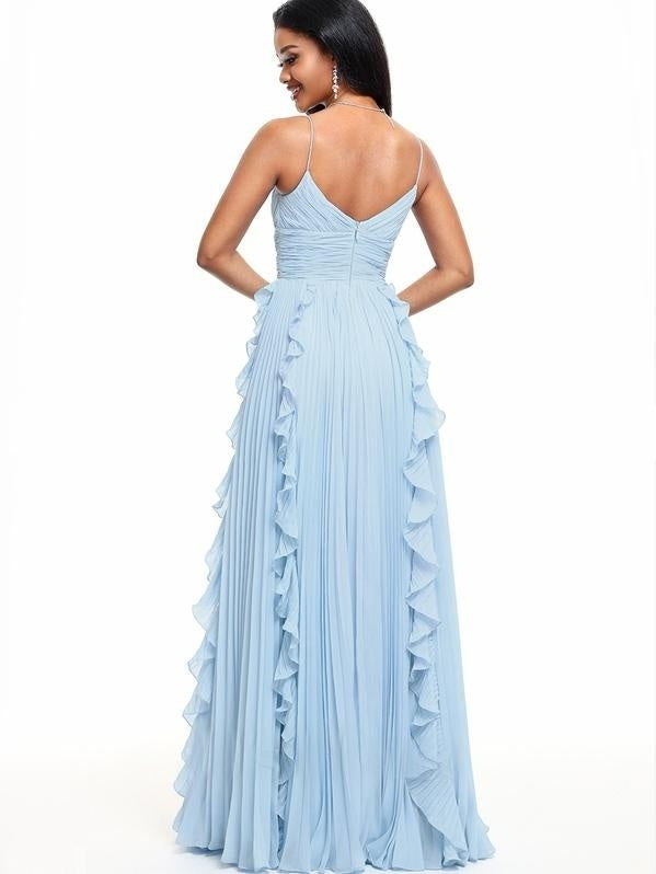 V-Neck Spaghetti Straps Pleated Chiffon Dress