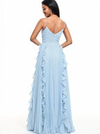 V-Neck Spaghetti Straps Pleated Chiffon Dress