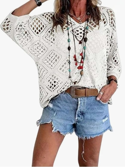 Women's Boho Summer V-neck Openwork Cardigan Knit Cover-up