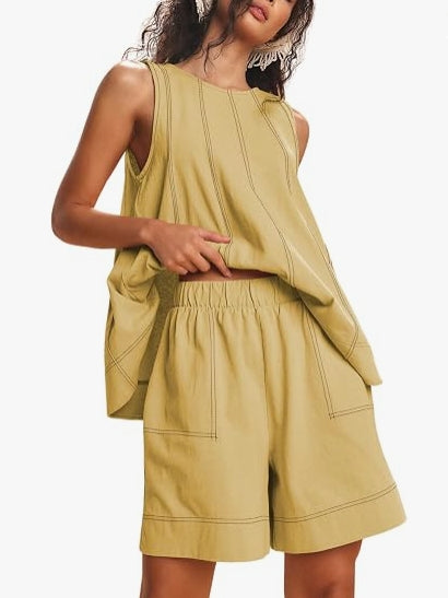 Womens 2 piece Outfits Sleeveless Matching Sets A Line Tank Tops High Waist Shorts