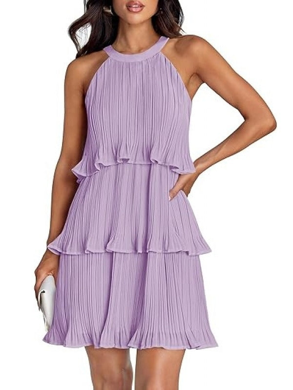 Women's 2026 Summer Cocktail Dresses Tiered Chiffon Pleated Mini Dress