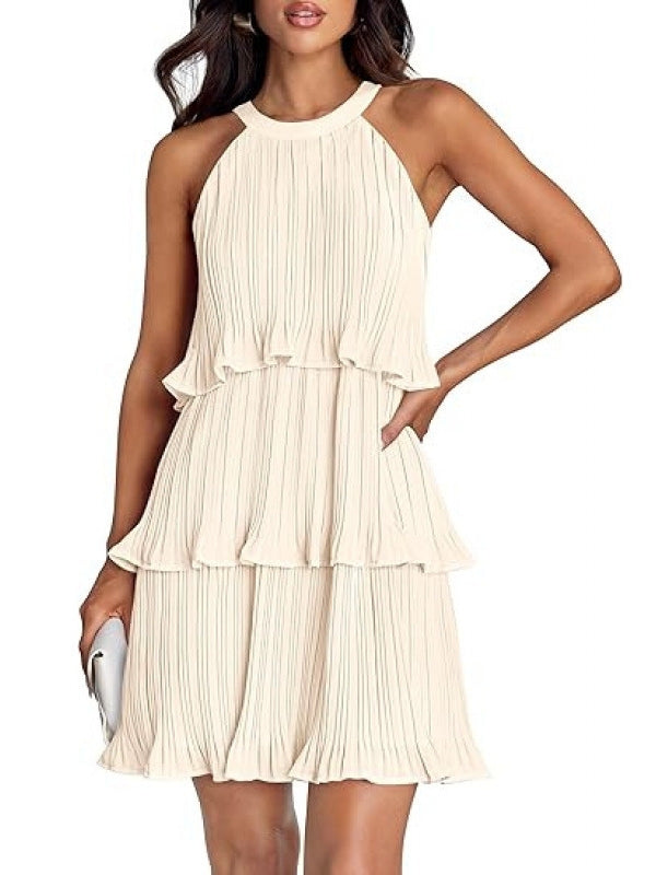 Women's 2026 Summer Cocktail Dresses Tiered Chiffon Pleated Mini Dress