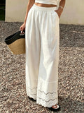 Summer Lace Trim Cotton Linen Wide-Leg Pants for Women