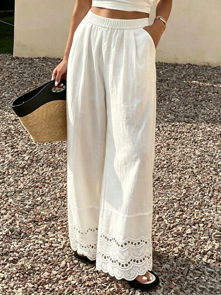 Summer Lace Trim Cotton Linen Wide-Leg Pants for Women