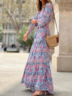 Elegant V-neck Bohemian print maxi dress