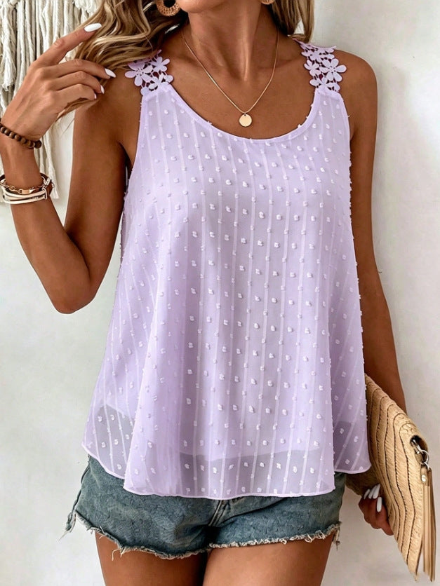 Womens Tank Tops Flowy Sleeveless Summer Boho Tank Top for Women Casual Crewneck Strap Lace Camisole Shirts