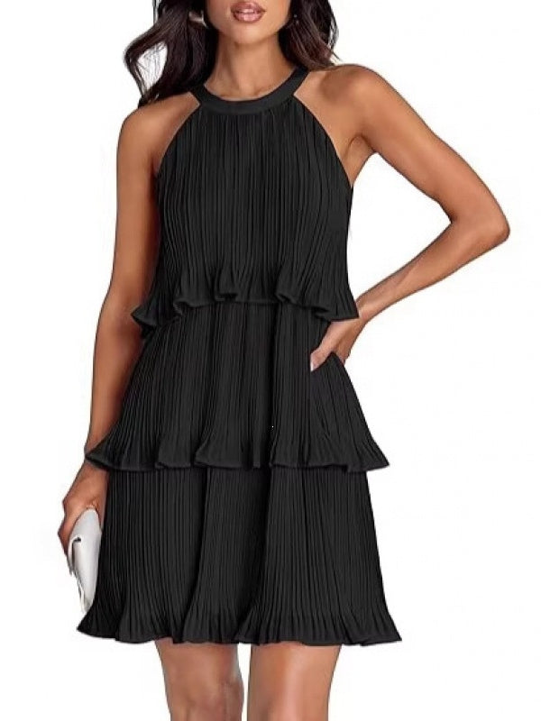 Women's 2026 Summer Cocktail Dresses Tiered Chiffon Pleated Mini Dress