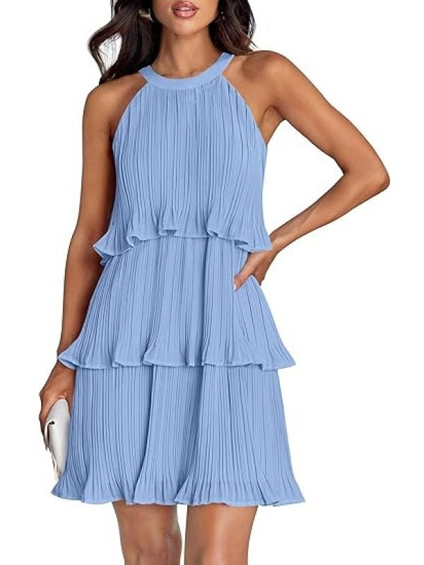 Women's 2026 Summer Cocktail Dresses Tiered Chiffon Pleated Mini Dress