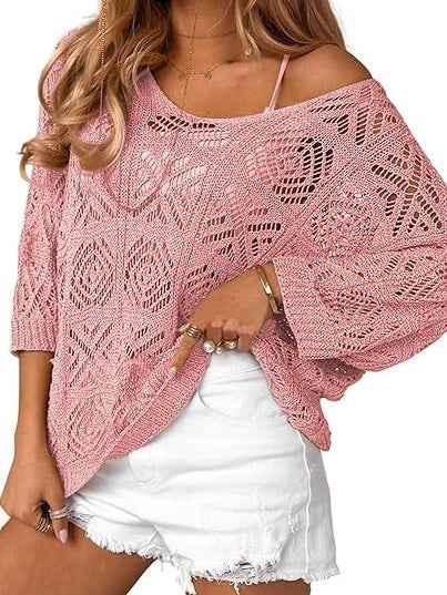 Women's 2026 Spring Summer Crochet Hollow Out 3/4 Sleeve Pullover Sweater Off Shoulder T-Shirts