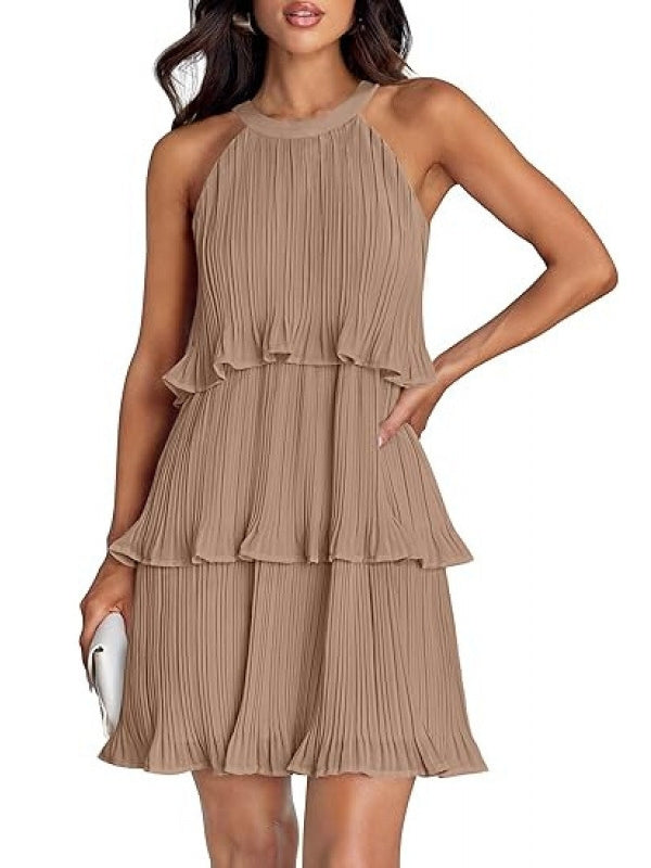 Women's 2026 Summer Cocktail Dresses Tiered Chiffon Pleated Mini Dress