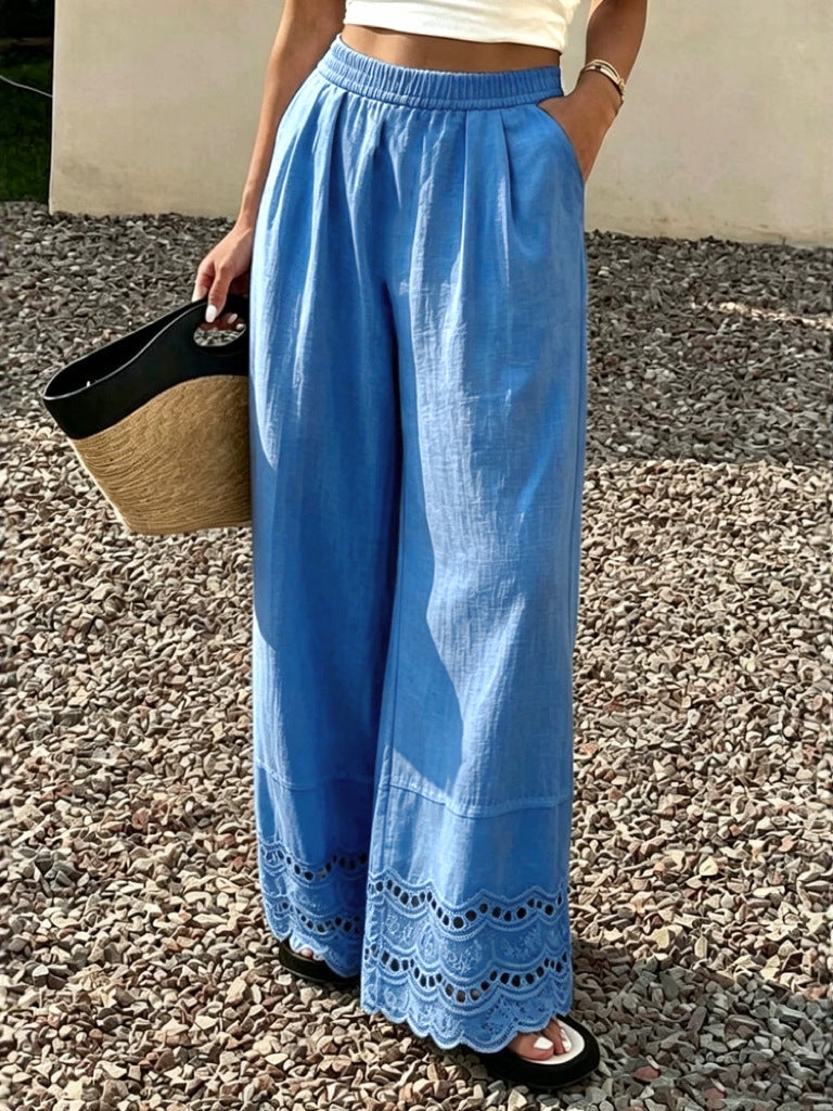 Summer Lace Trim Cotton Linen Wide-Leg Pants for Women