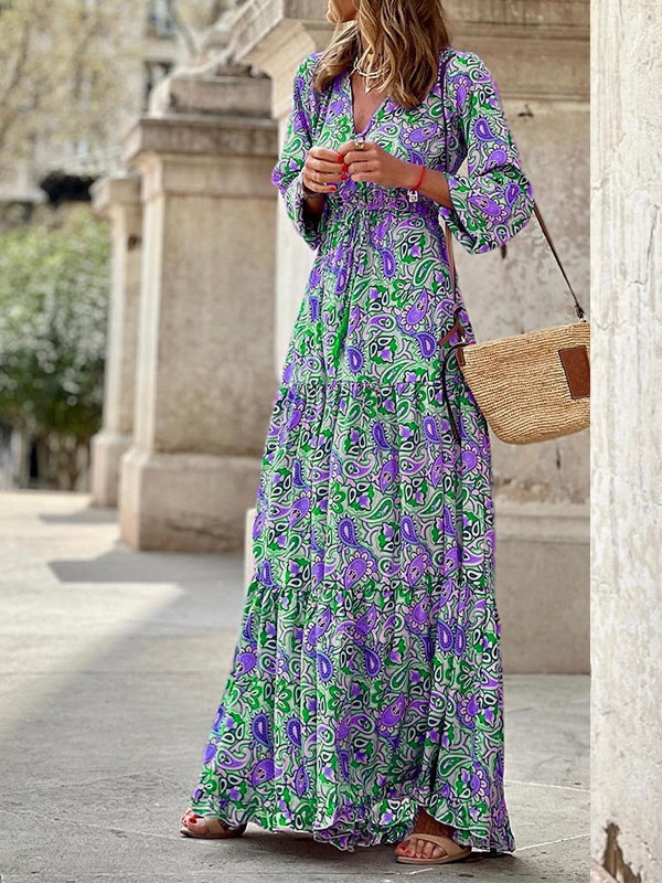 Elegant V-neck Bohemian print maxi dress