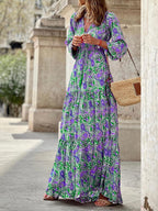 Elegant V-neck Bohemian print maxi dress