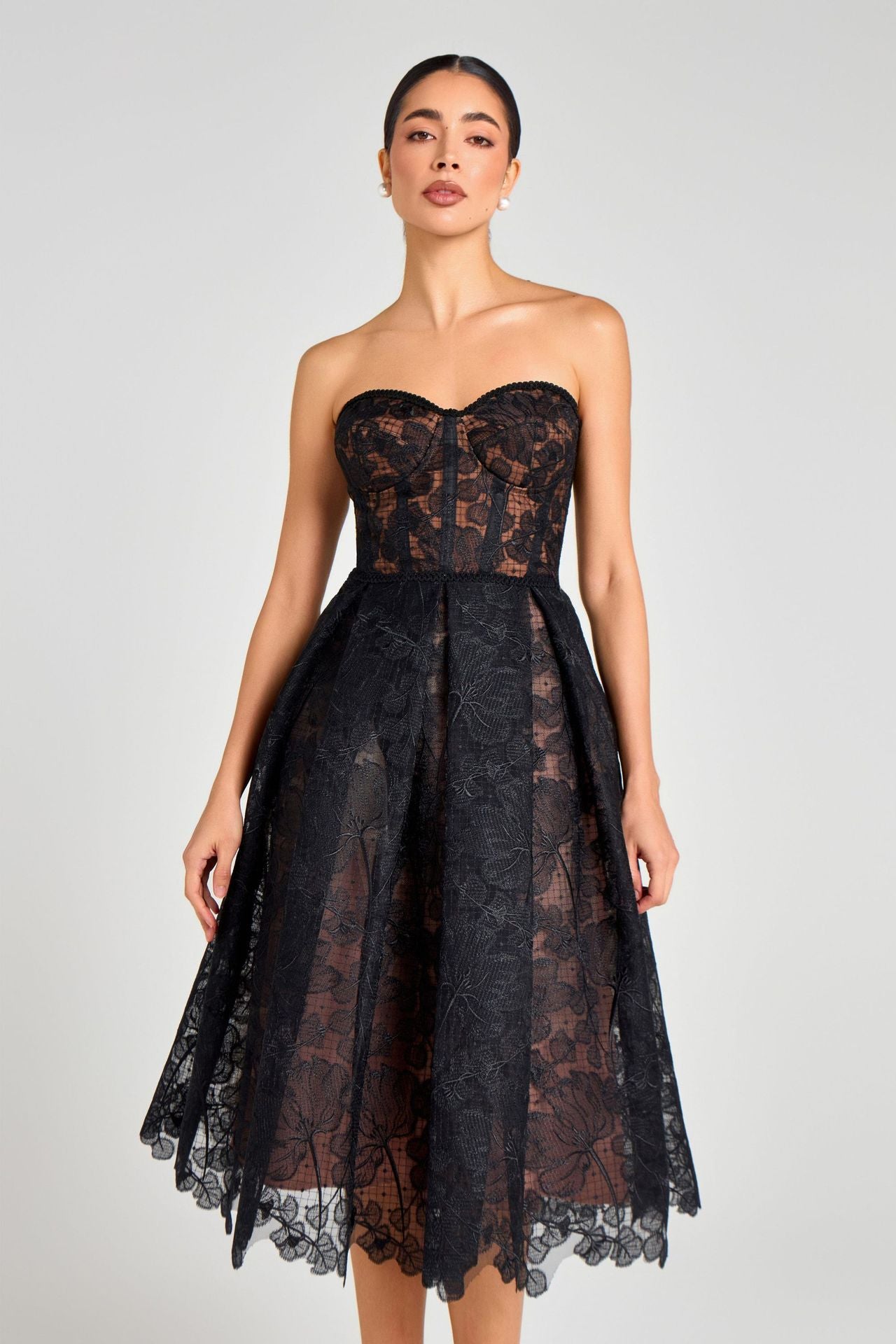 WOMEN'S STRAPLESS LACE MIDI DRESS