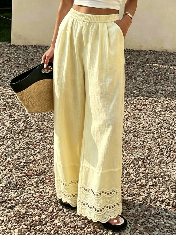 Summer Lace Trim Cotton Linen Wide-Leg Pants for Women