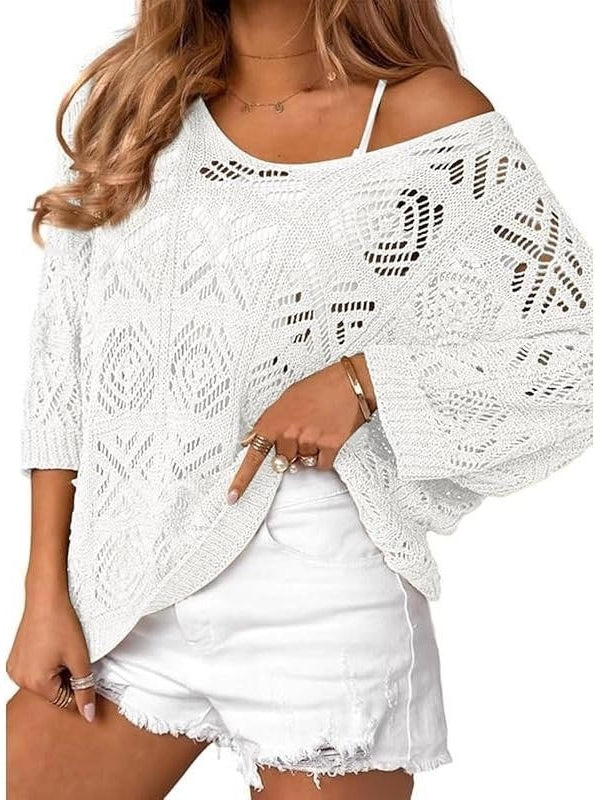 Women's 2026 Spring Summer Crochet Hollow Out 3/4 Sleeve Pullover Sweater Off Shoulder T-Shirts