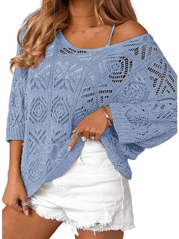 Women's 2026 Spring Summer Crochet Hollow Out 3/4 Sleeve Pullover Sweater Off Shoulder T-Shirts
