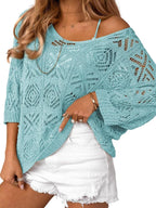 Women's 2026 Spring Summer Crochet Hollow Out 3/4 Sleeve Pullover Sweater Off Shoulder T-Shirts