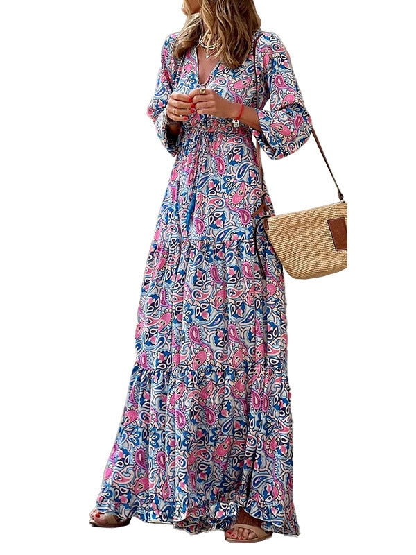 Elegant V-neck Bohemian print maxi dress