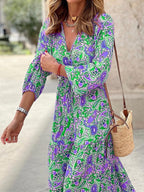 Elegant V-neck Bohemian print maxi dress