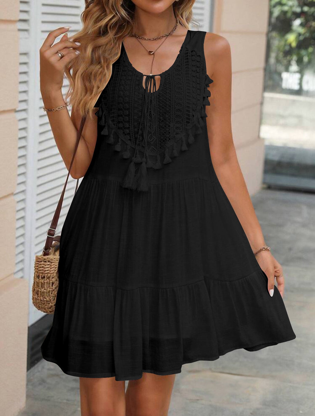 New Summer V-neck Lace Trim Loose Sleeveless Dress