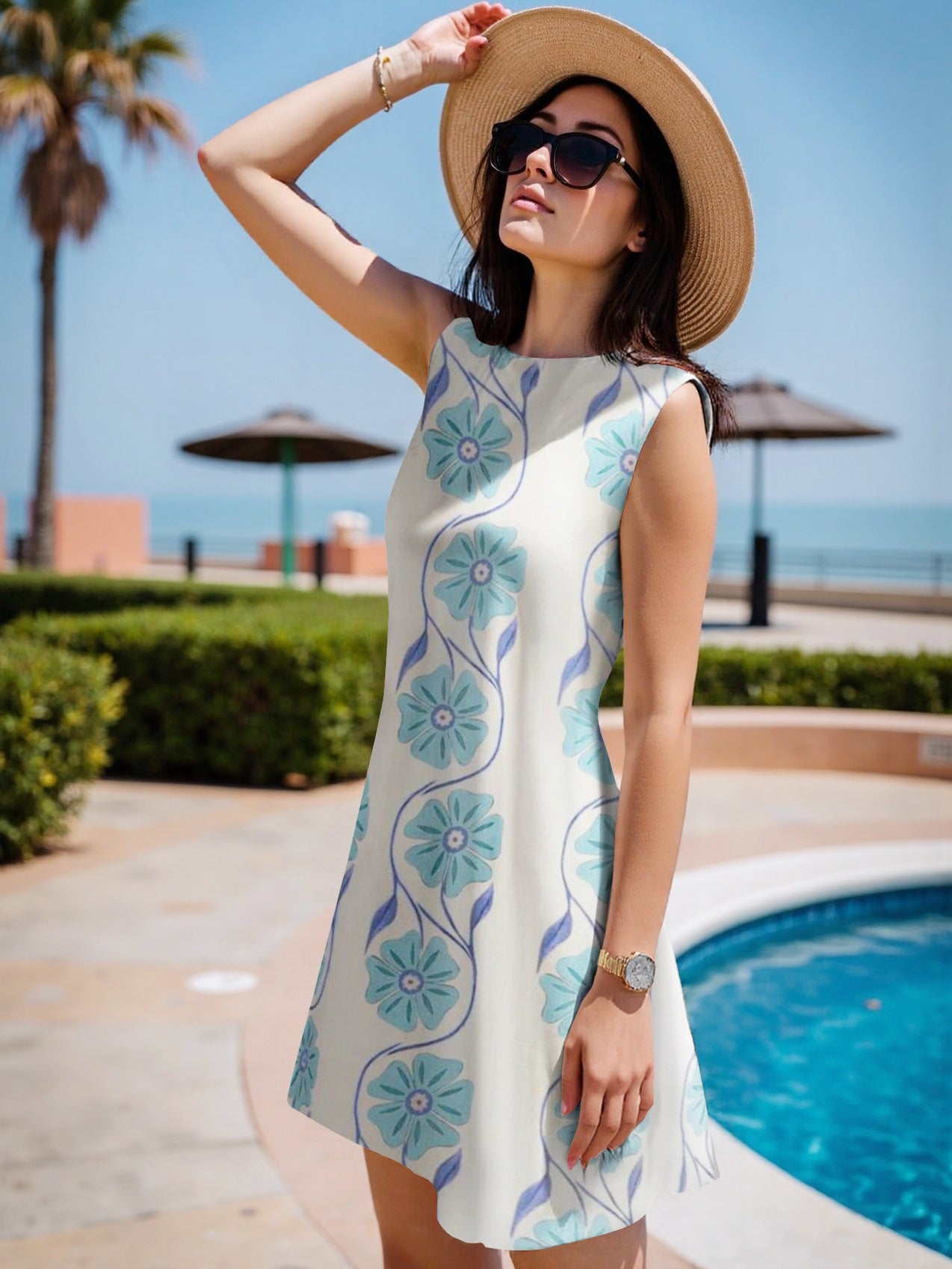 Summer Sleeveless Printed Midi Dress For Women