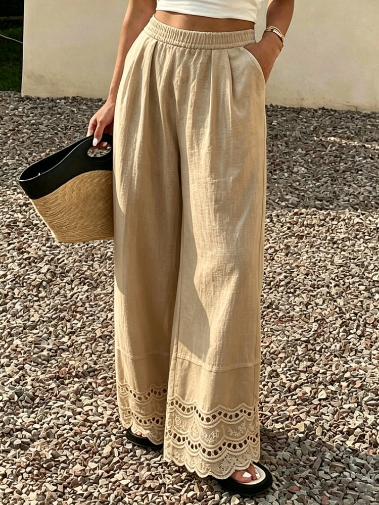 Summer Lace Trim Cotton Linen Wide-Leg Pants for Women