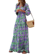 Elegant V-neck Bohemian print maxi dress