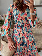 Elegant V-neck Bohemian print maxi dress