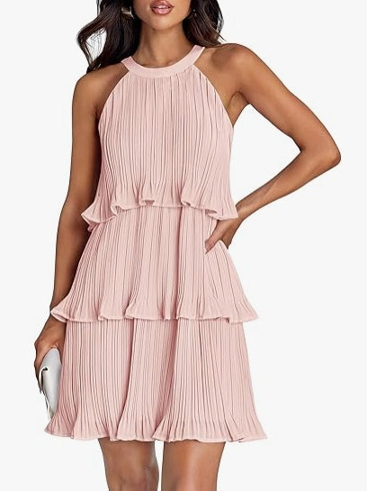 Women's 2026 Summer Cocktail Dresses Tiered Chiffon Pleated Mini Dress