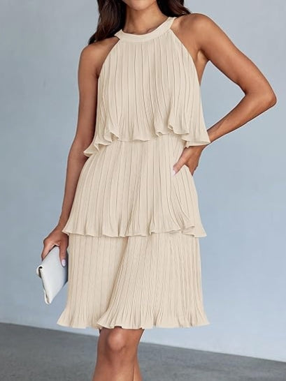 Women's 2026 Summer Cocktail Dresses Tiered Chiffon Pleated Mini Dress