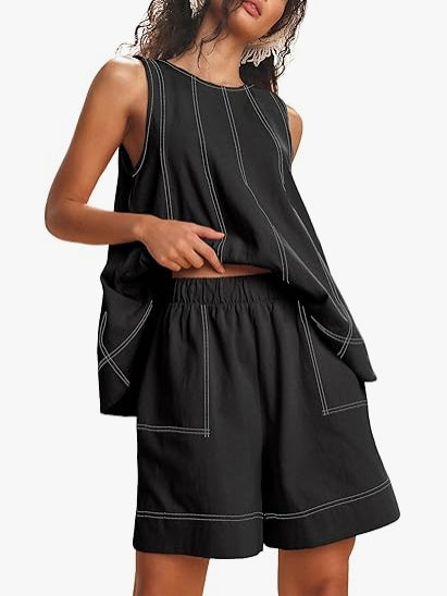 Womens 2 piece Outfits Sleeveless Matching Sets A Line Tank Tops High Waist Shorts