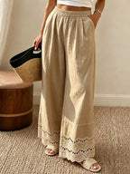 Summer Lace Trim Cotton Linen Wide-Leg Pants for Women